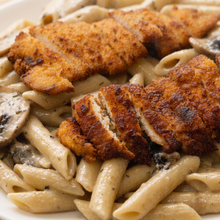 Crispy chicken pasta with creamy mushroom sauce served on a white plate